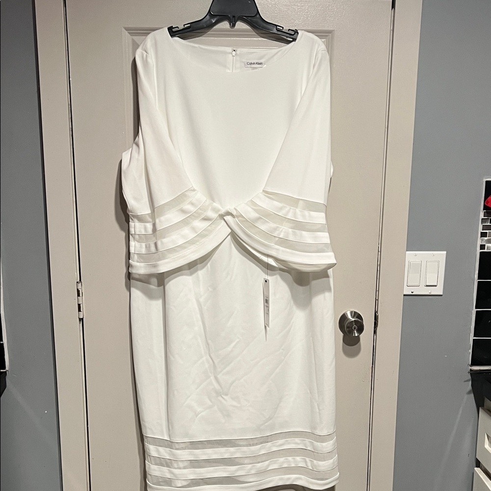 Calvin Klein White Dress Womens 22W Sheath Bell Sleeve Modern Minimal Office - Picture 8 of 12